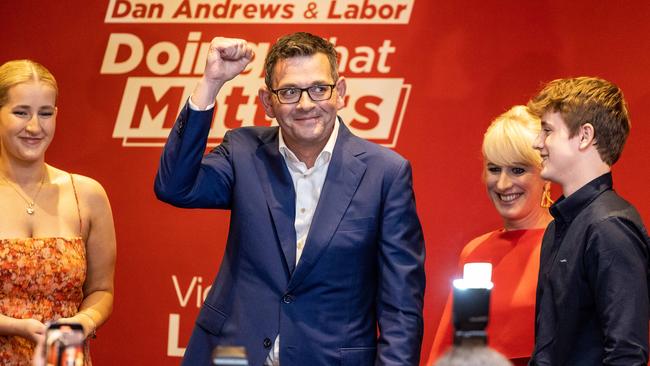 Daniel Andrews celebrates winning the 2022 Victorian State Election. Picture: Jake Nowakowski