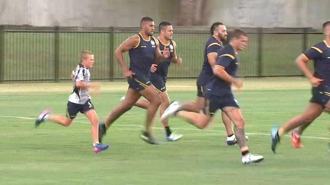 Jakob Arthur accelerates past senior Eels during a training session in 2018. Picture: Foxsports