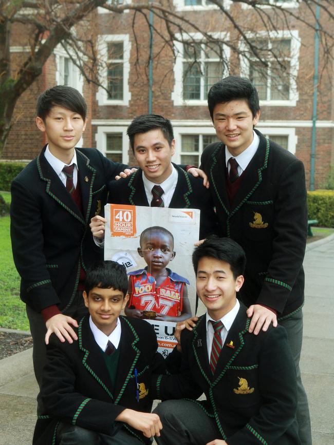 Melbourne High School students Roy, Peter, Alan, Daniel, and Nanveet are getting involved in the 40 Hour Famine this year. At 3.30pm on Friday August 15, more than 100 students will give up transport and will walk home from the school’s grounds in South Yarra. Picture: Janine Eastgate