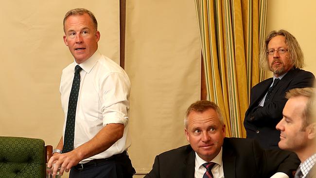 Premier Will Hodgman, left, Jeremy Rockliff, then chief of staff Brad Stansfield and Michael Ferguson. Picture: SAM ROSEWARNE.