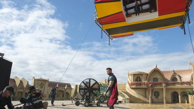 Behind the scenes on Marvel Studios' film Thor: Ragnarok. Chris Hemsworth on the Asgard set, built at Village Roadshow Studios on the Gold Coast Photo: Jasin Boland. ©Marvel Studios 2017