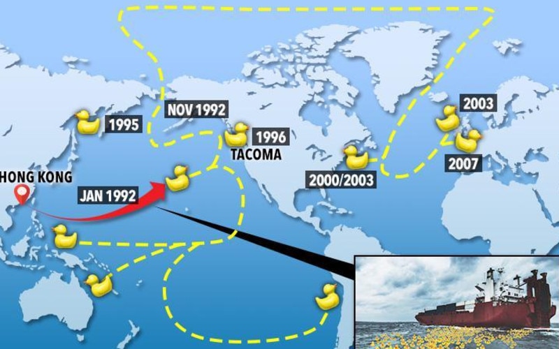 A map showing where 28,000 rubber ducks floated to since 1992. Supplied: The Sun