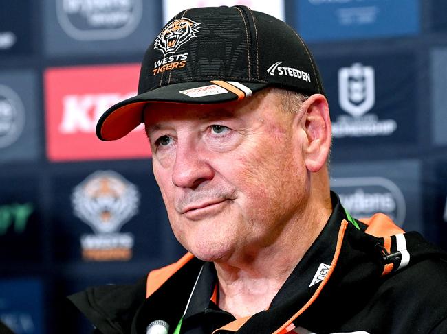 BRISBANE, AUSTRALIA - APRIL 01: Coach Tim Sheens of the Tigers looks dejected as he speaks at a after match press conference after the round five NRL match between Brisbane Broncos and Wests Tigers at Suncorp Stadium on April 01, 2023 in Brisbane, Australia. (Photo by Bradley Kanaris/Getty Images)