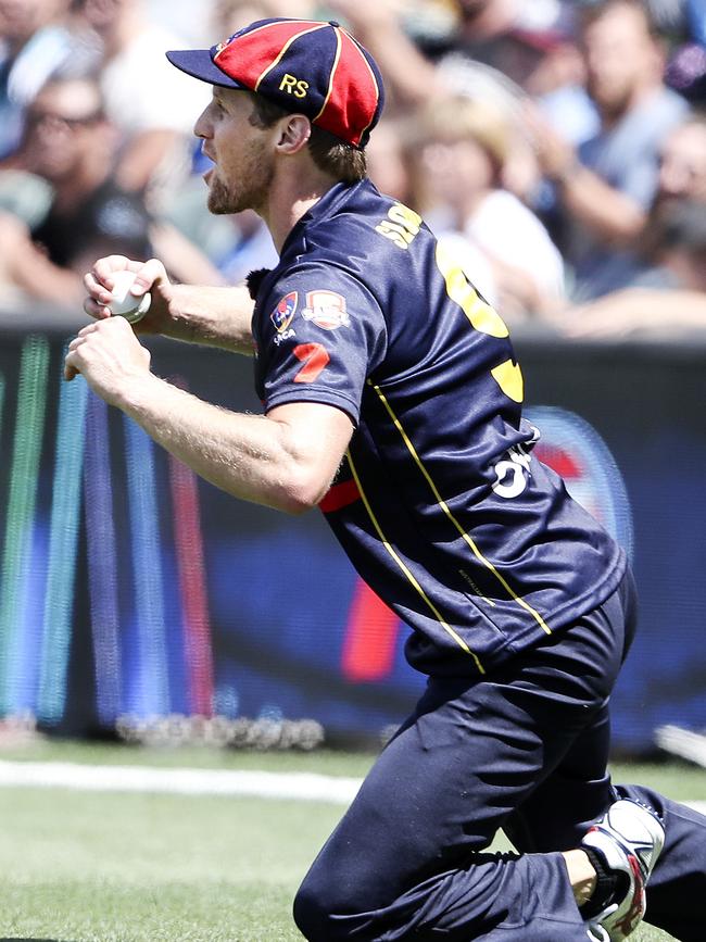 Rory Sloane celebrates after taking a good catch on the boundary. Pictures: Sarah Reed