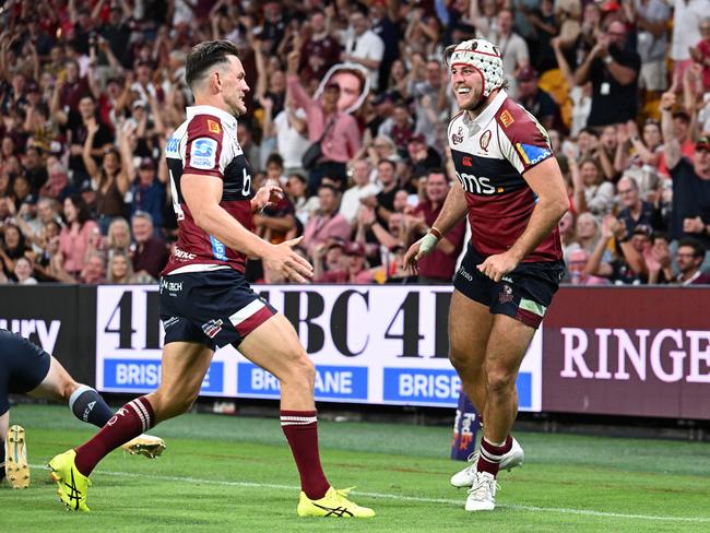 Fraser McReight celebrates a try during the rampage. Picture: Getty