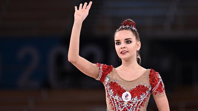 Russia's Dina Averina reacts after competing in the individual all-round final of the Rhythmic Gymnastics event during Tokyo 2020 Olympic Games at Ariake Gymnastics centre in Tokyo, on August 7, 2021. (Photo by Lionel BONAVENTURE / AFP)