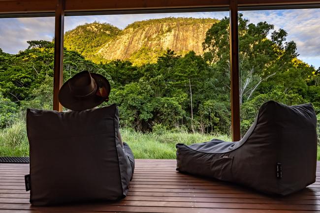 The Mount Jukes Eco Resort, built from scratch by yoga aficionado David Deakin, holds glamping tents and a half-moon shaped house that face Mt Jukes and Mr Deakin says the â€œenergyâ€ of the property has to be experienced to be understood. Picture: Contributed