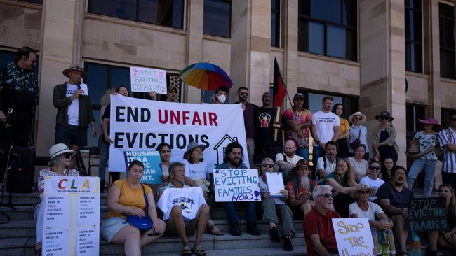 Protesters rallied outside Parliament House in Perth against public housing ‘no reason’ evictions in April. Picture: Supplied