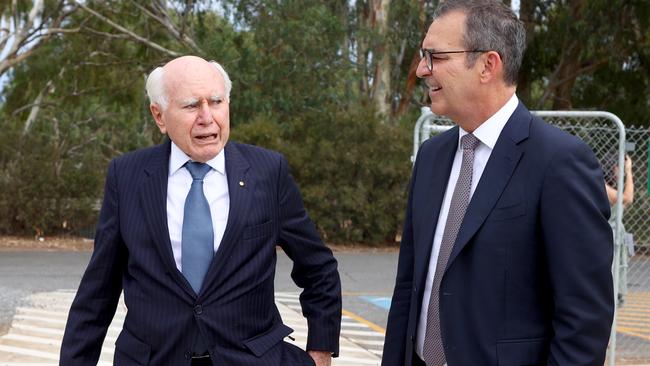 The Liberals wheeled out former prime minister John Howard to boost Steven Marshall’s election prospects. Picture: NCA NewsWire / Kelly Barnes