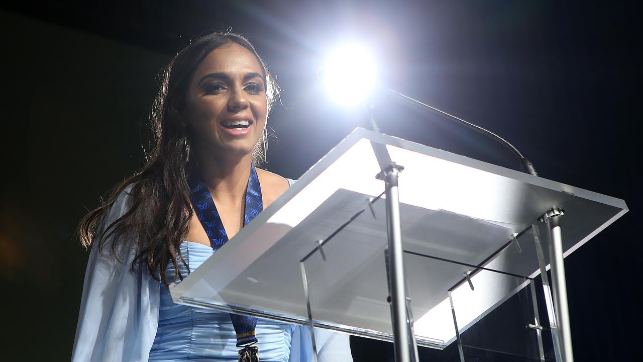 Courtney Hodder of the Brisbane Lions wins goal of the year during the 2021 AFLW W Awards at The Gabba on April 20, 2021 in Brisbane, Australia. (Photo by Jono Searle/Getty Images)