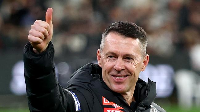 MELBOURNE, AUSTRALIA - MAY 30: Craig McRae, Senior Coach of the Magpies celebrates winning the round 12 AFL match between Collingwood Magpies and Hawthorn Hawks at Melbourne Cricket Ground, on May 30, 2025, in Melbourne, Australia. (Photo by Josh Chadwick/AFL Photos/via Getty Images)
