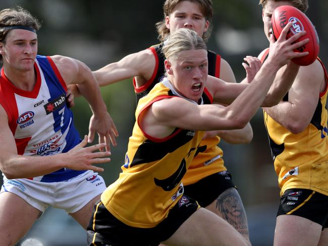 Hayden Young of the Stingrays breaks out of the centre during the NAB league match against Gippsland Power last month.