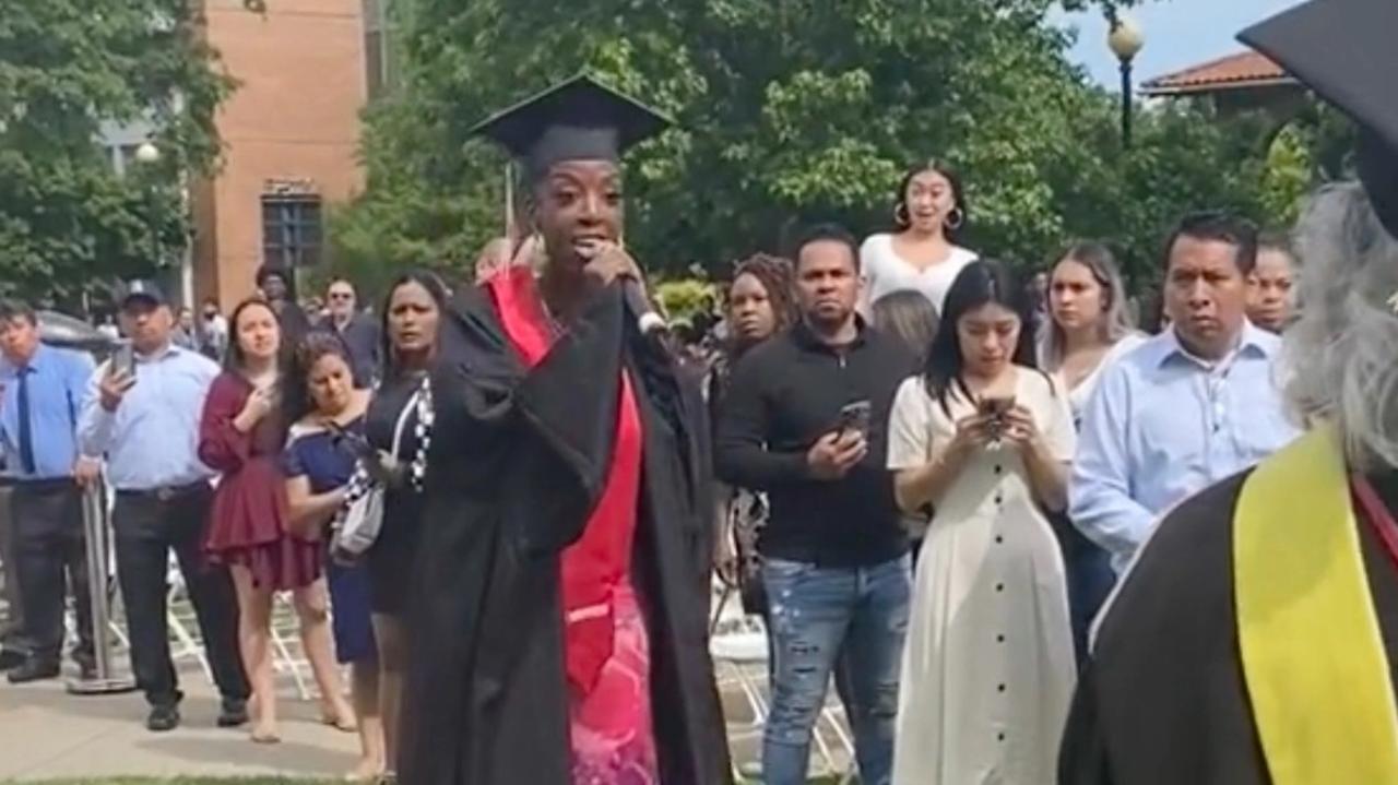 Black college graduate Kadia Iman goes viral after scuffle with white educator over microphone. Picture: @kadiaimantv/TikTok