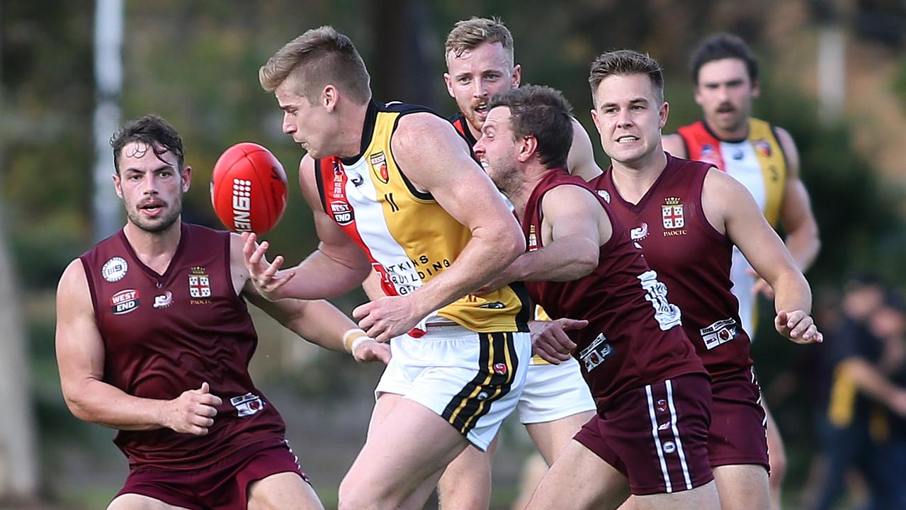 Jack Whaley (Goodwood Saints). Prince Alfred Old Collegians v Goodwood Saints, at Park 9. Amateur Football. 22/04/17  Picture: Stephen Laffer