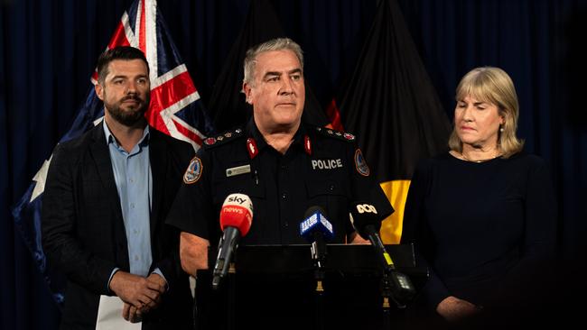 Police Minister Brent Potter Police Commissioner Michael Murphy and Chief Minister Eva Lawler at the press conference in the Northern Territory parliament on April 9, 2024. Picture: Pema Tamang Pakhrin