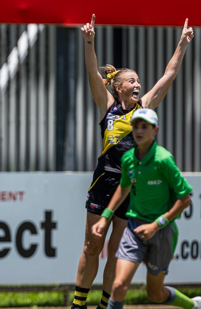 Mickayla Ward playing for the Nightcliff Tigers in the 2024-25 NTFL semi-final against the Palmerston Magpies. Picture: Pema Tamang Pakhrin