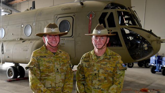 Major Keiran Morgan and Major Anthony Griffith are leaving the army 5th Aviation Regiment after a combined service of 80 years. Picture: Evan Morgan