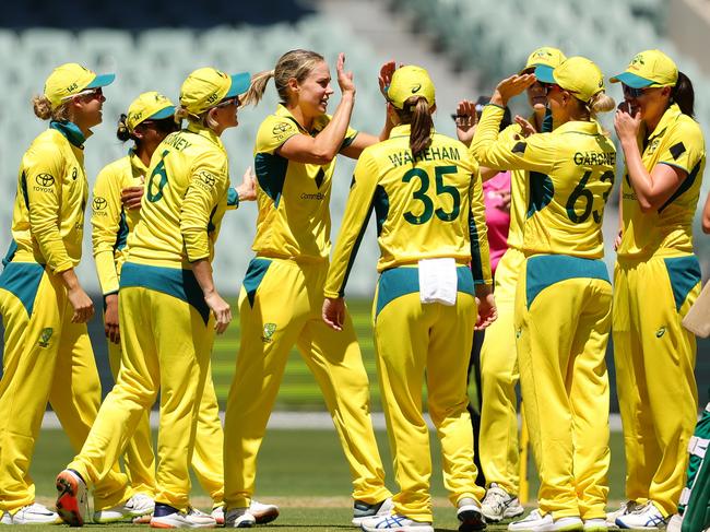 ADELAIDE, AUSTRALIA - FEBRUARY 03: Ellyse Perry of Australia celebrates the wicket of Tazmin Brits of South Africa. Bowled for a duck during game one of the women's One Day International series between Australia and South Africa at Adelaide Oval on February 03, 2024 in Adelaide, Australia. (Photo by Sarah Reed/Getty Images)