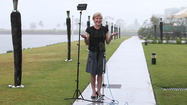 Julie Bishop appearing on morning TV and it starts to pour rain during her visit to Fiji after Tropical Cyclone Winston. Picture: Kym Smith