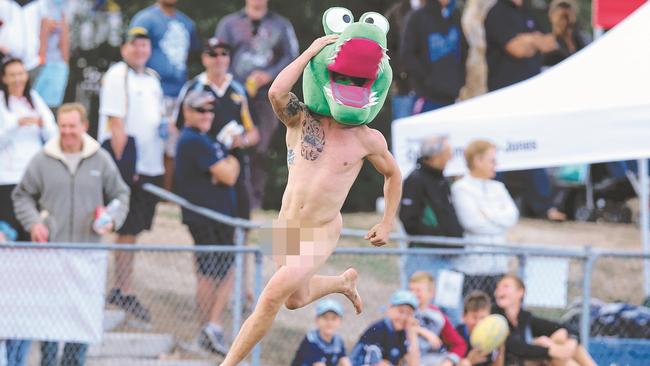 Photos at the Gold Coast and District Rugby Union Grand Final between the Gold Coast Eagles and the Helensvale Hogs (blue) played at Helensvale. Photo of a streaker wearing the Gators mascot's head. Photo by Richard Gosling