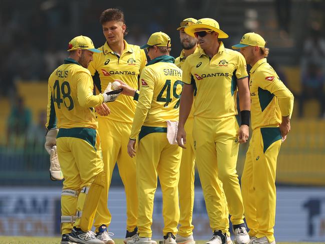 COLOMBO, SRI LANKA - FEBRUARY 14: Aaron Hardie of Australia celebrates after taking the wicket of Charith Asalanka of Sri Lanka during the ODI match between Sri Lanka and Australia at R. Premadasa Stadium on February 14, 2025 in Colombo, Sri Lanka. (Photo by Robert Cianflone/Getty Images)