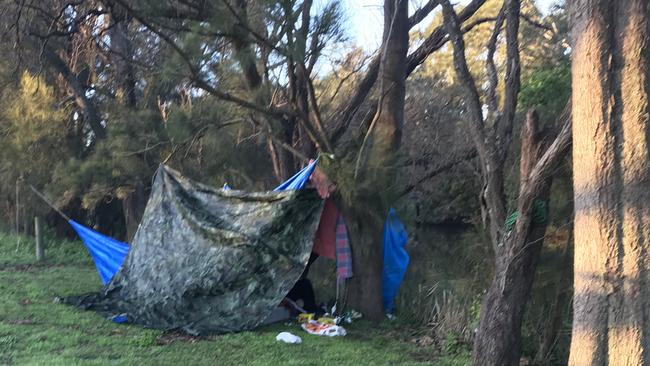 A tent in a Manly sports ground, possibly being lived in by homeless person. Picture: Supplied.