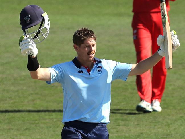 SYDNEY, AUSTRALIA - NOVEMBER 05: Daniel Hughes of the Blues acknowledges his century during the Marsh One Day Cup match between New South Wales and South Australia at North Sydney Oval, on November 05, 2022, in Sydney, Australia. (Photo by Jeremy Ng/Getty Images)