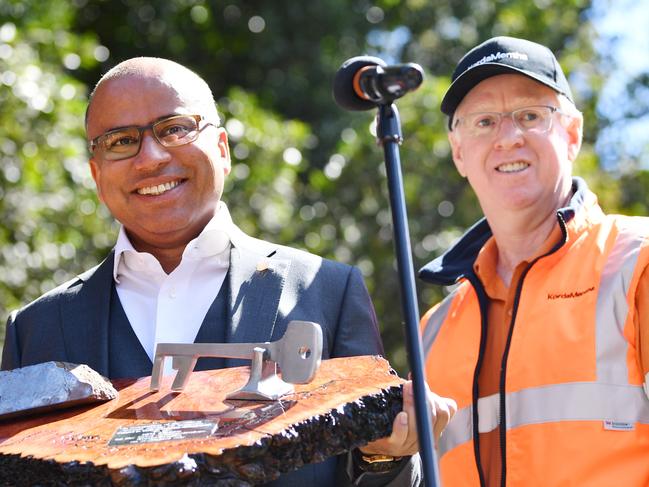 GFG Alliance executive chairman Sanjeev Gupta (with Mark Mentha, right) holds the keys to his new business at an event marking the official handover of Arrium's steel and mining operations across Australia to the GFG Alliance at the Whyalla steelworks in Whyalla, South Australia, Friday, September, 1, 2017. (AAP Image/David Mariuz) NO ARCHIVING