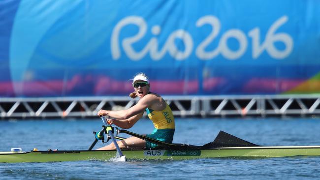 Australia's Kim Brennan celebrates winning the gold medal in the Women's Single Sculls Final at Lagoa Stadium at the Rio 2016 Olympic Games. Picture: Brett Costello