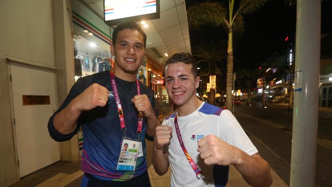 Boxers Robbie McKechnie and Mitchell Barton out and about in Surfers Paradise. Picture: Mike Batterham