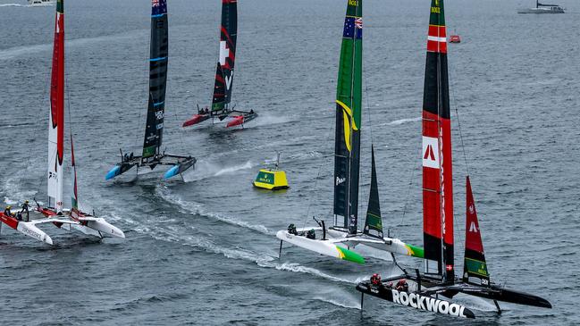 Skies were overcast and it was cold and wet for the practcie racing. Picture: Simon Bruty/SailGP