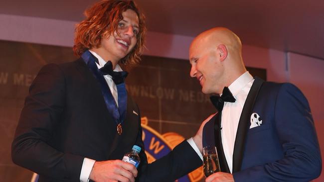 Gary Ablett congratulates Nat Fyfe. Picture: Colleen Petch