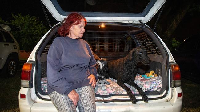 Cheryl King took refuge in Learmonth with her dogs as a bushfire threatened her hometown of Lexton. Picture: Mark Stewart