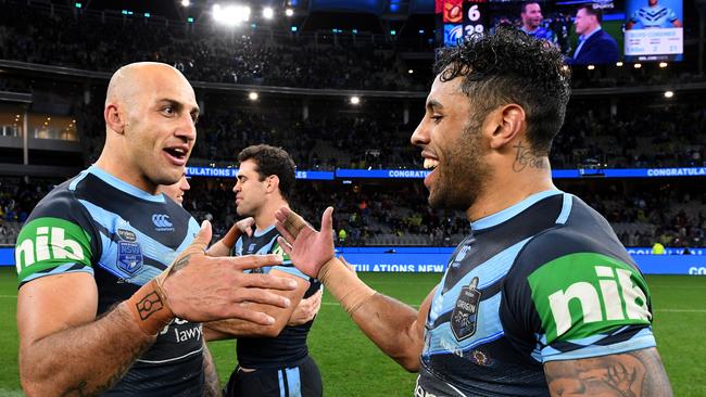 Josh Addo-Carr (R) and Blake Ferguson didn’t sing the anthem before Game II in Perth. Picture: AAP