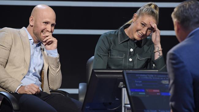 Gary Ablett Jr and AFLW star Tayla Harris on ‘Who Wants to be a Millionaire?’ Picture: Channel Nine