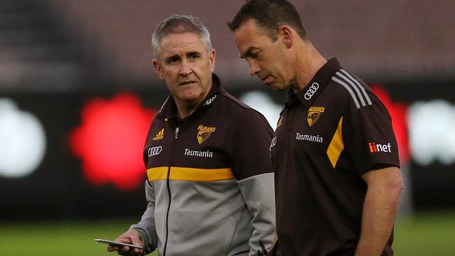 Brisbane coach Chris Fagan in his Hawthorn days with coach Alastair Clakson. Picture: Wayne Ludbey
