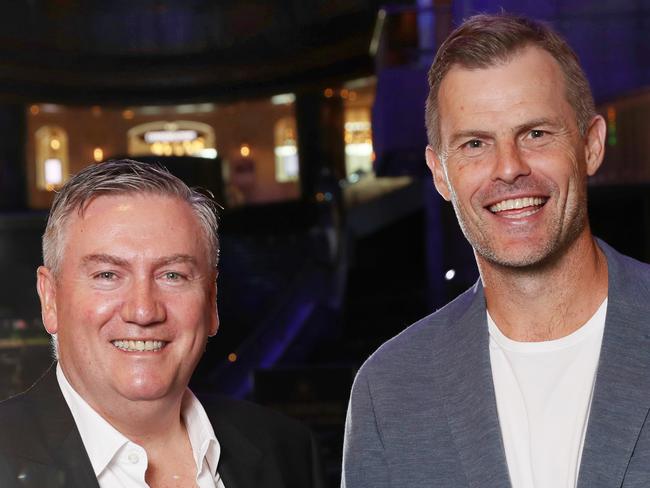 DO NOT USE. HOLDING FOR MONDAY MARCH 9TH.  Eddie McGuire and Luke Darcy with a Grand Prix display at Crown. Friday, March 6, 2020. Picture: David Crosling