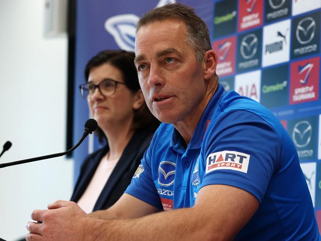 MELBOURNE . 19/08/2022. New North Melbourne coach Alistair Clarkson and president Sonja Hood face the media at Arden Street today.     . Picture: Michael Klein