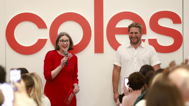 Coles chief Leah Weckert and celebrity chef Curtis Stone. Local fund managers are buying the stock again. Picture: Getty Images