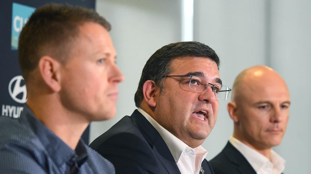 Brendon Bolton and LoGiudice at the announcement of Bolton’s sacking. Picture: Michael Klein