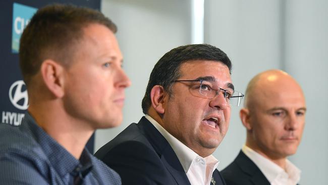 Brendon Bolton and LoGiudice at the announcement of Bolton’s sacking. Picture: Michael Klein