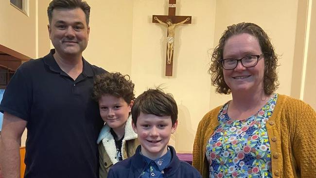 Nick Smith, and his sons Russell and Benjamin and wife Trish Smith, pictured in March before the family tragedy at the Faulconbridge property on Tuesday afternoon.