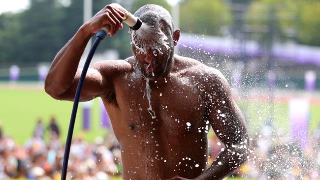 Tevita Kuridrani cools down at training at Odawarra.