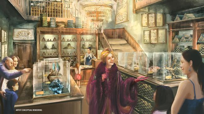 While most Harry Potter fans know Ollivanders, in Paris, the wand shop is Cosme Acajor Baguettes Magique – and visitors and go inside and maybe find their own wand. Photo: Universal Epic Universe