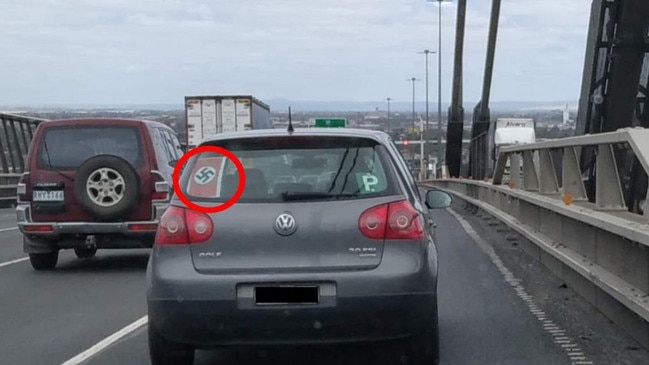 A Melbourne P-plater was snapped displaying a large Nazi swastika in their rear windscreen in 2020. Picture: Supplied