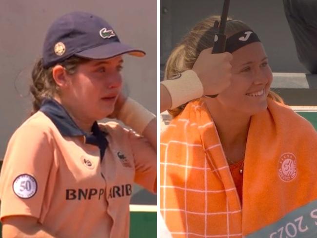 The ball girl was crying for an extended period. Mari Bouzkova and Sara Sorribes Tormo complained to the chair umpire. Photo: Twitter.