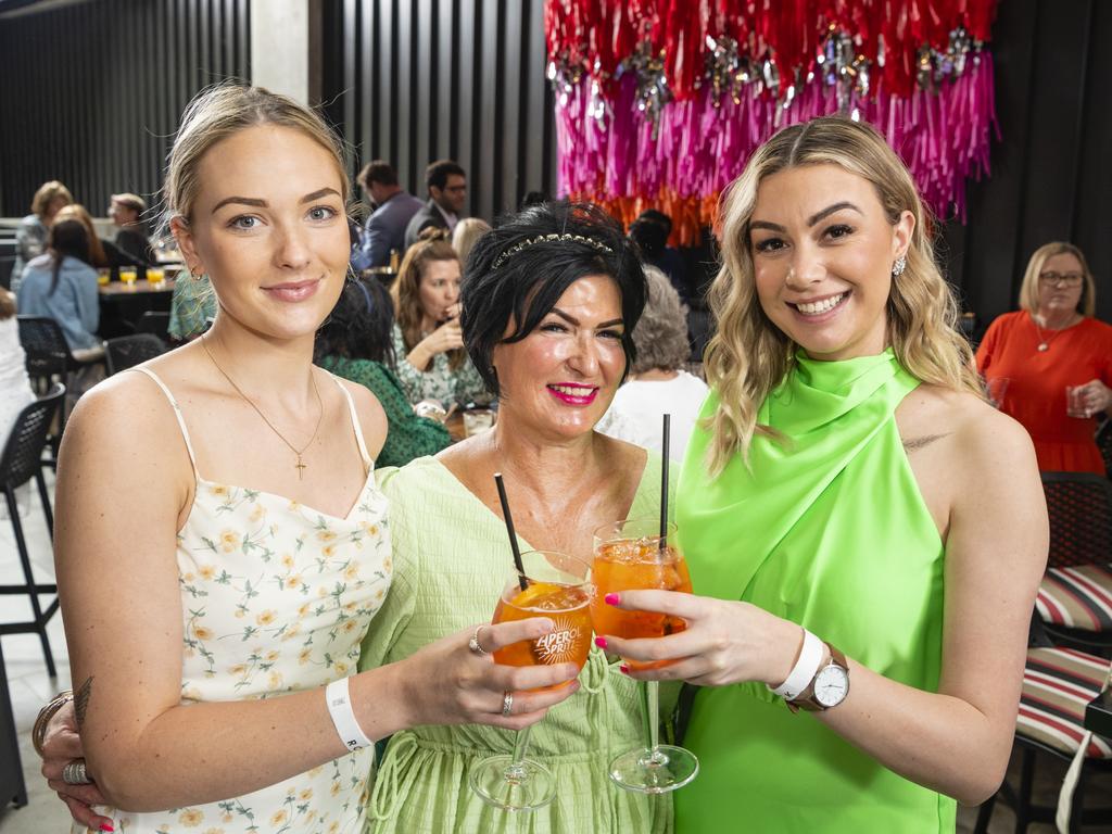 At the Melbourne Cup party are (from left) Maggie Marshall, Kerri Coghlan and Anna Osborne at The Rock, Tuesday, November 1, 2022. Picture: Kevin Farmer