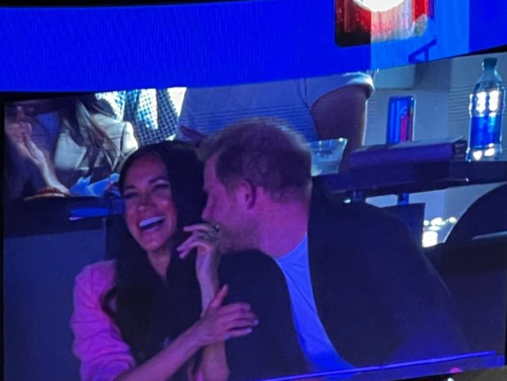 Prince Harry and Meghan Markle on the “kiss cam” at a Los Angeles Lakers game last year. Picture: Supplied