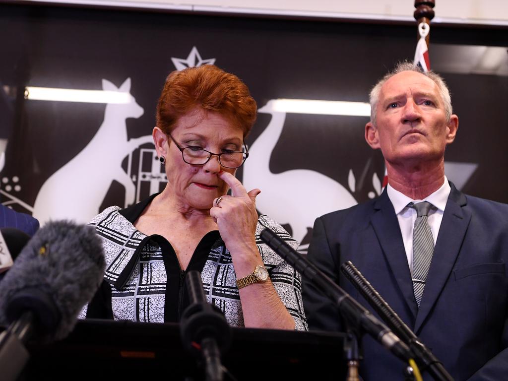 One Nation leader Pauline Hanson (centre) with Steve Dickson after the Al Jazeera gun lobby footage was released. Picture: Dan Peled