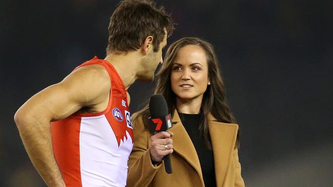 AFL Round 15. 28/06/2018. Richmond v Sydney at Etihad Stadium. Channel 7 commentator Daisy Pearce interviews Sydney captain Josh Kennedy before game . Pic: Michael Klein